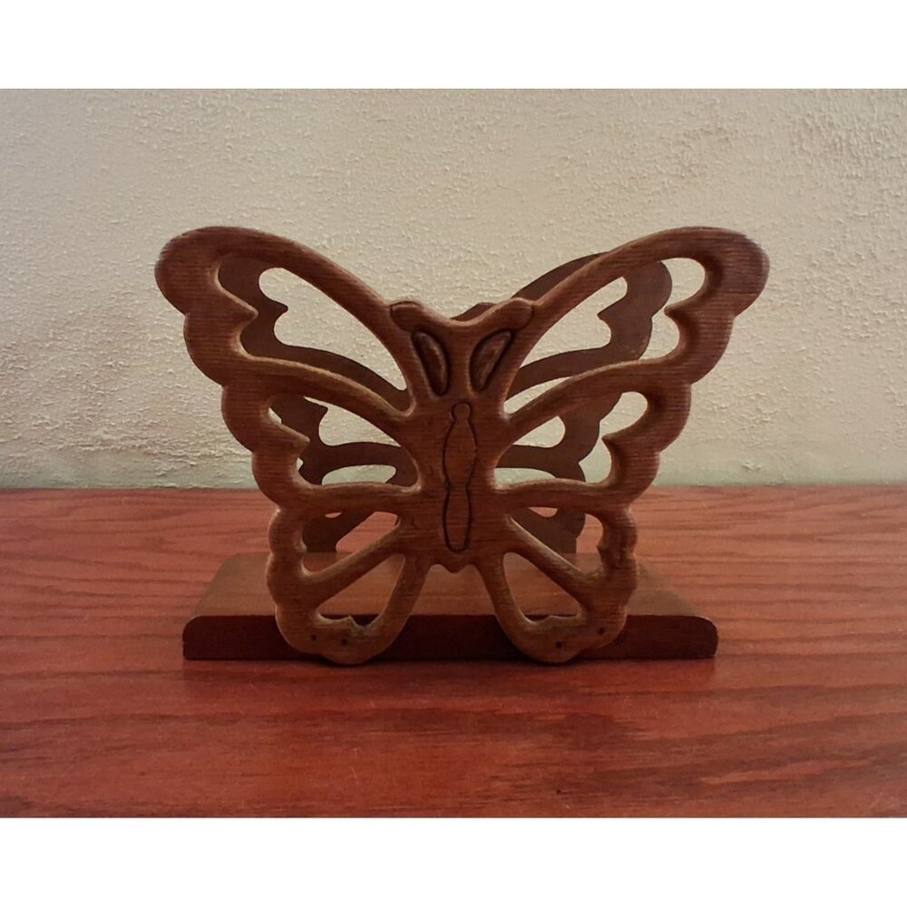 Butterfly Letter Holder  Brown Carved Wood Vintage 1970s Farmhouse Boho